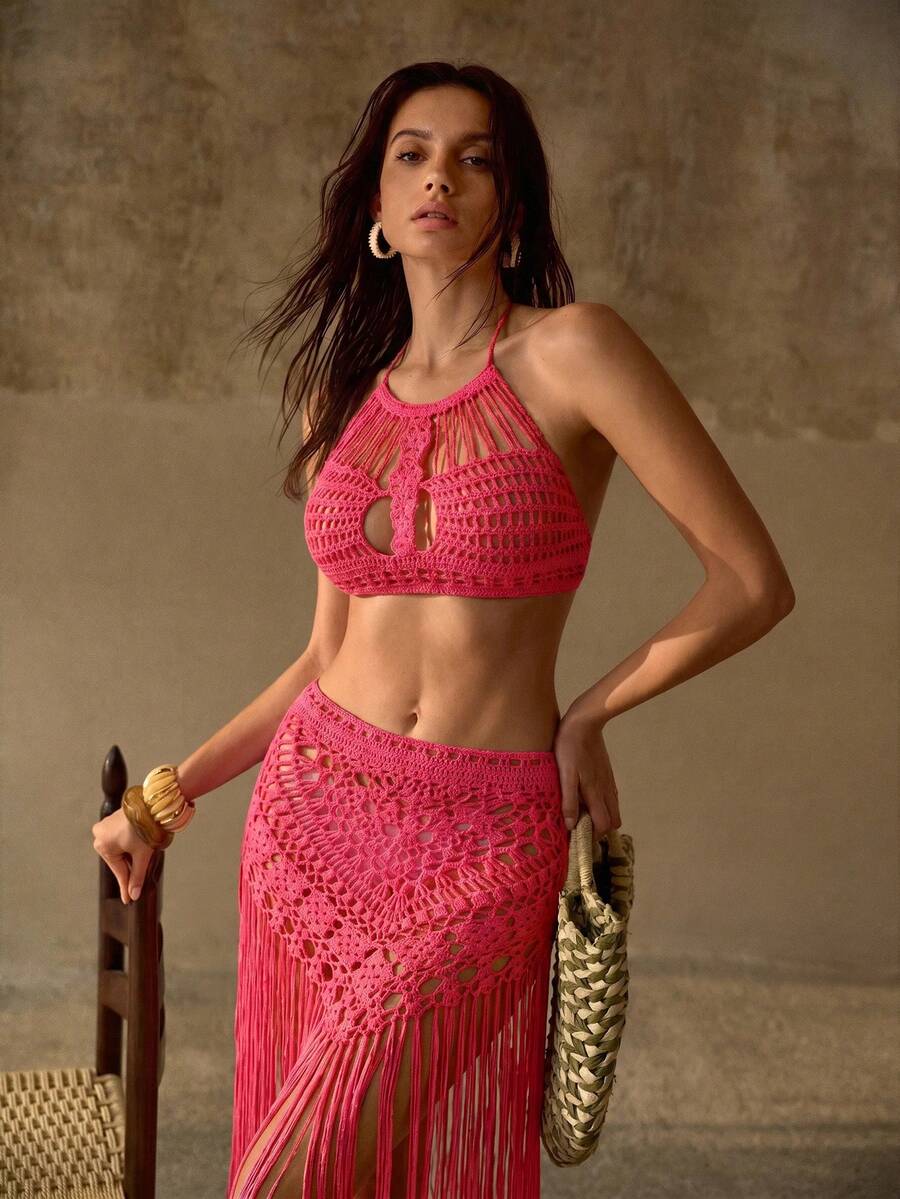 Conjunto de Crochê Premium - Top Halter e Saia Texturizada