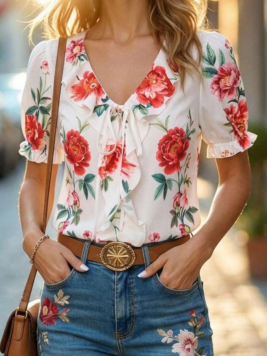 Blusa Casual Elegante - Gola de Renda e Acabamento Franzido
