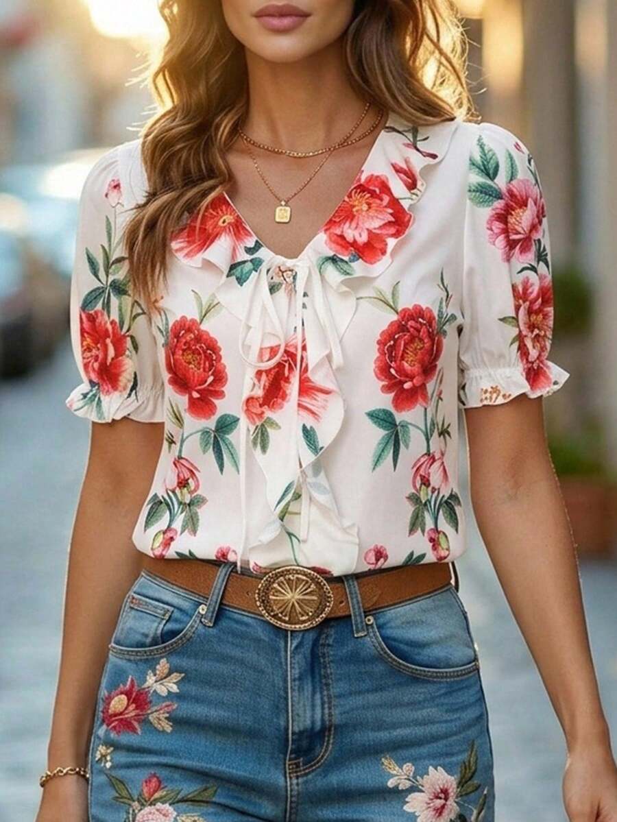 Blusa Casual Elegante - Gola de Renda e Acabamento Franzido