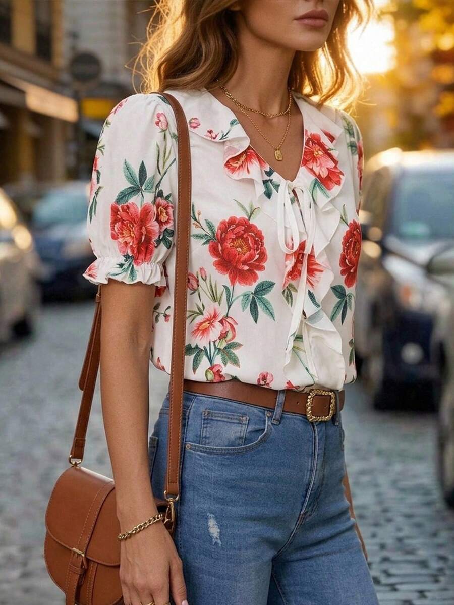Blusa Casual Elegante - Gola de Renda e Acabamento Franzido
