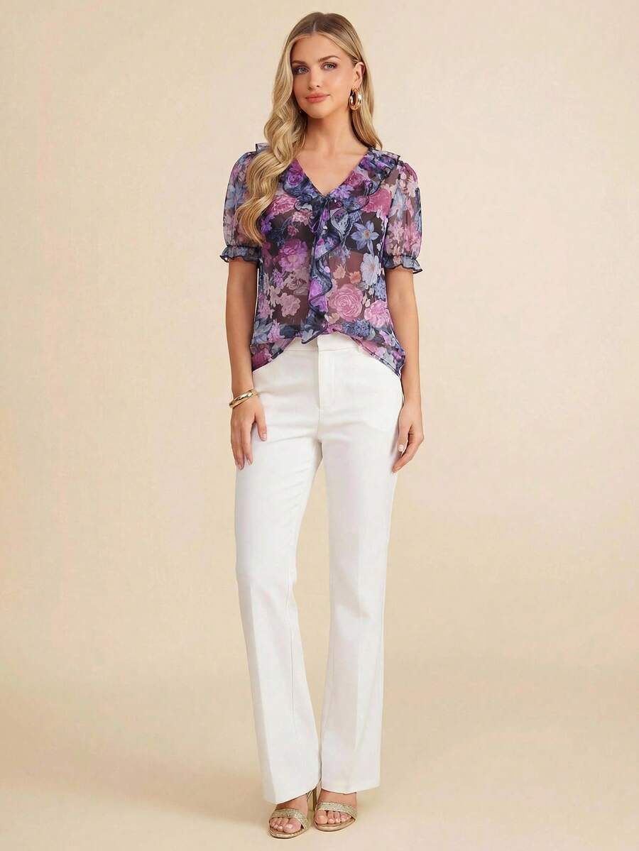 Blusa Casual Elegante - Gola de Renda e Acabamento Franzido