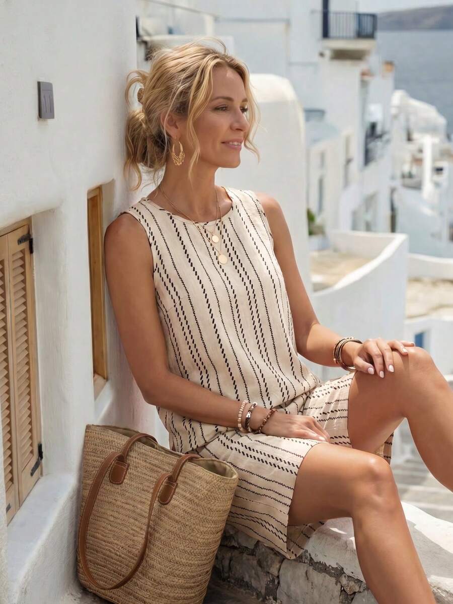Conjunto Casual Feminino - Regata e Shorts Listrados