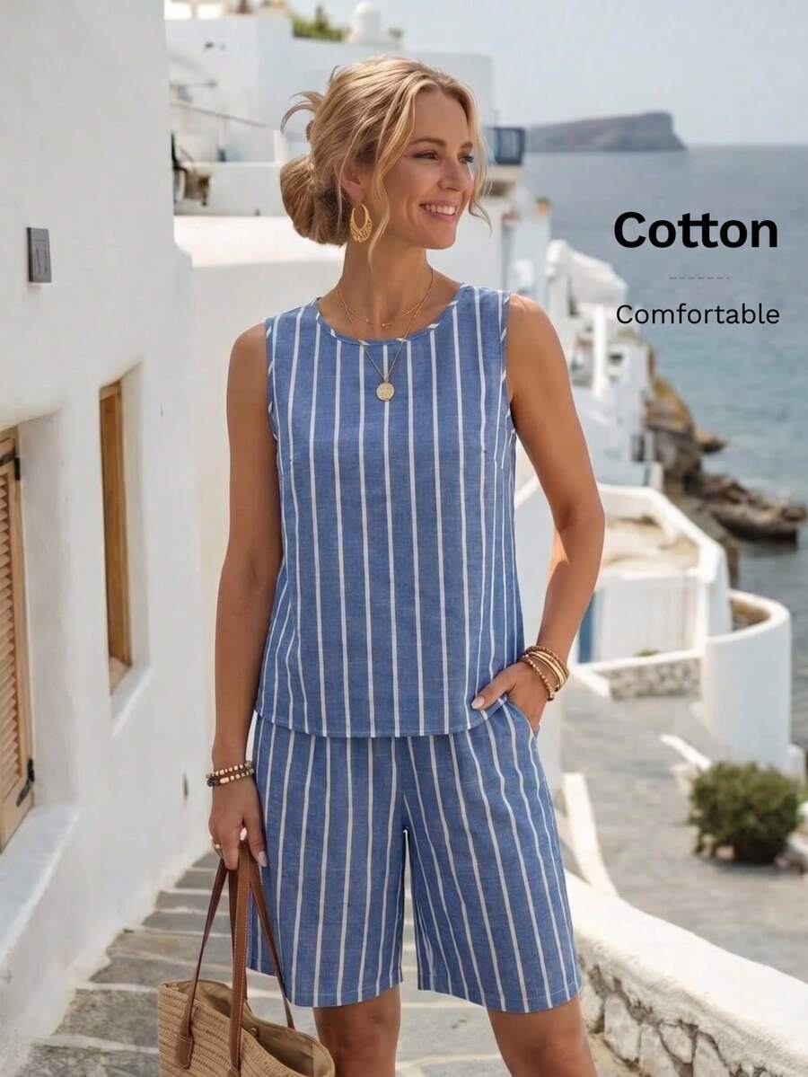 Conjunto Casual Feminino - Regata e Shorts Listrados