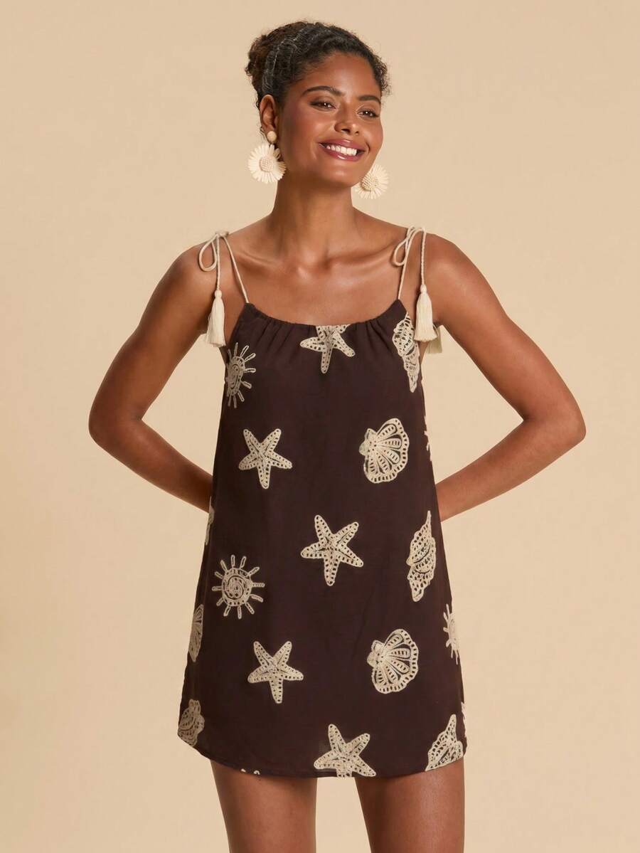 Vestido de Praia Feminino - Estampa de Palmeira e Detalhe de Nó