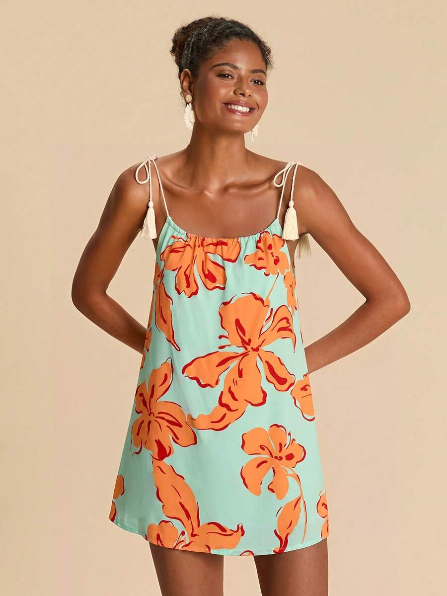 Vestido de Praia Feminino - Estampa de Palmeira e Detalhe de Nó