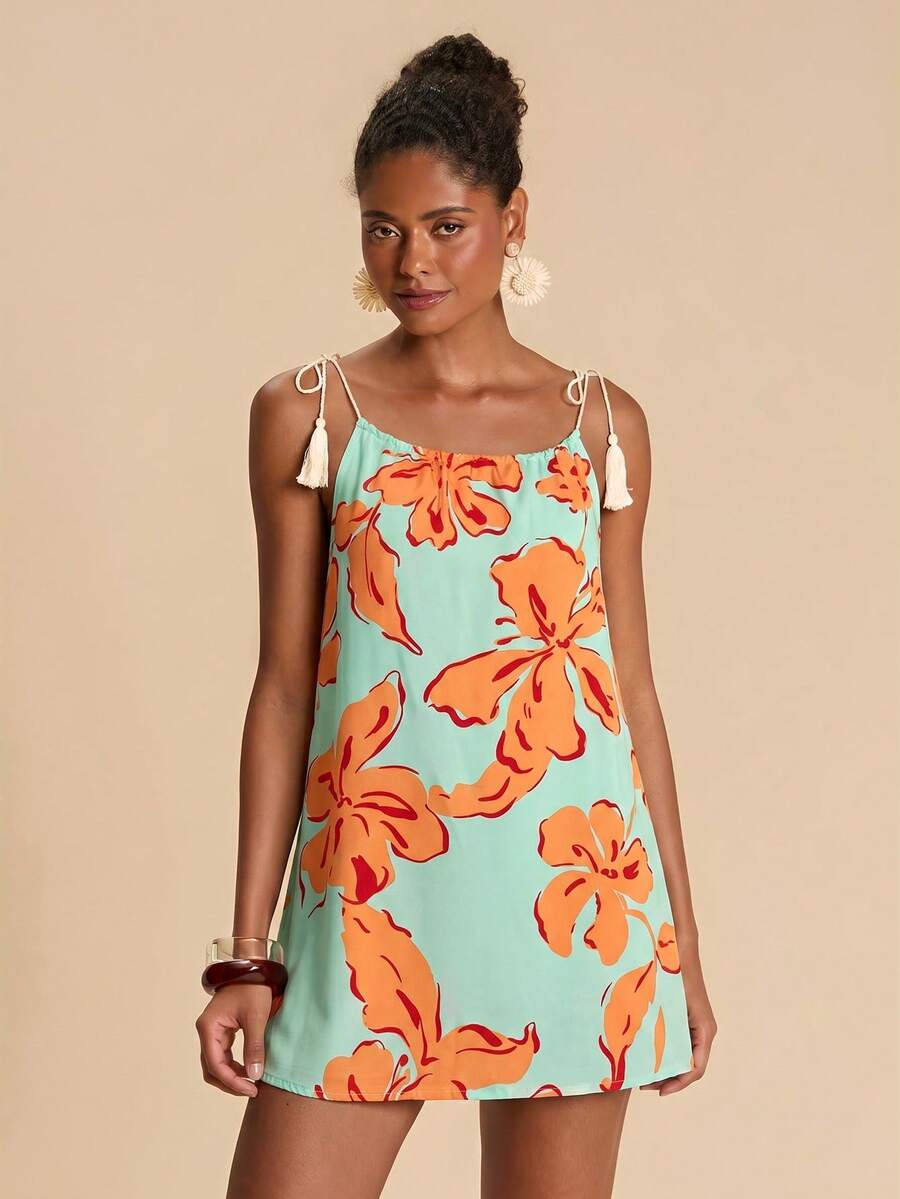 Vestido de Praia Feminino - Estampa de Palmeira e Detalhe de Nó
