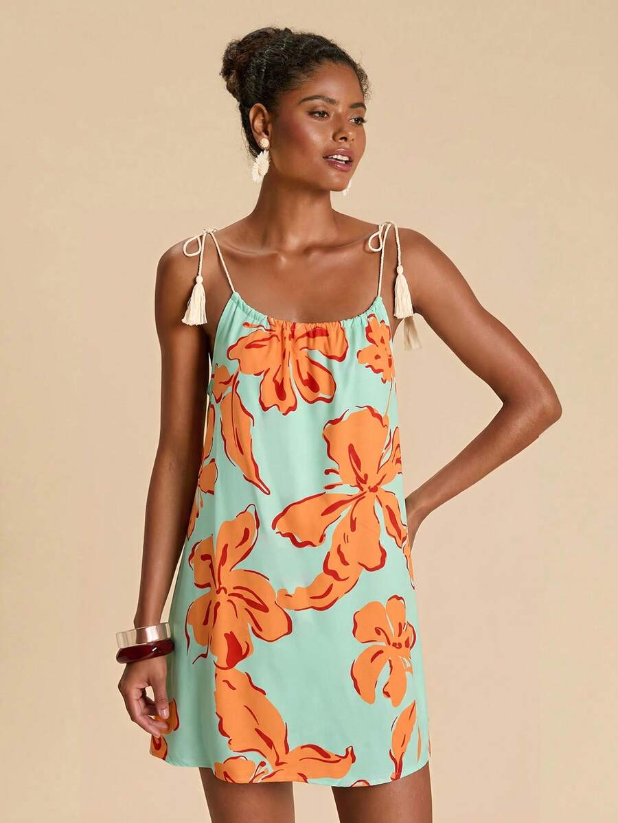 Vestido de Praia Feminino - Estampa de Palmeira e Detalhe de Nó