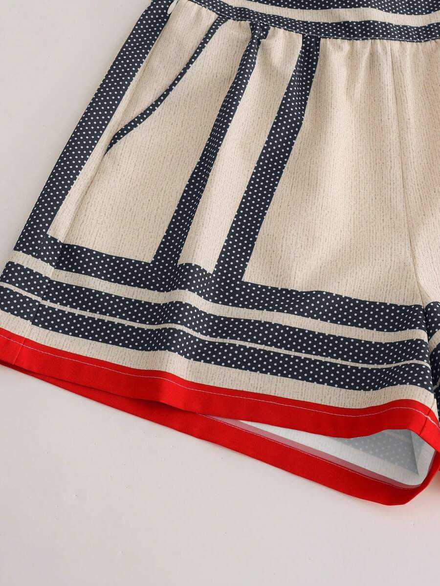 SHEIN LUNE Conjunto Casual Boêmio com Estampa para Férias Feminino, Top Sem Mangas com Decote em V e Shorts, 2 Peças, Estilo de Verão