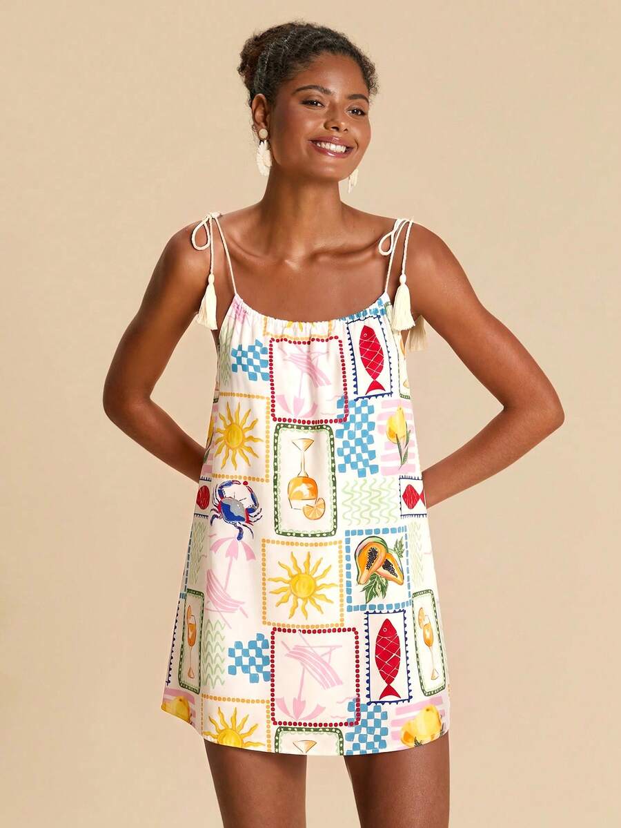 Vestido de Praia Feminino - Estampa de Palmeira e Detalhe de Nó
