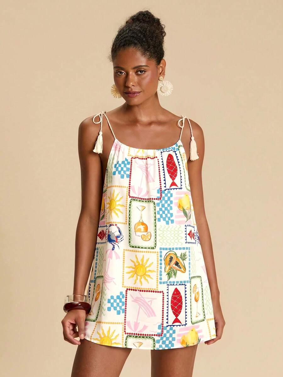 Vestido de Praia Feminino - Estampa de Palmeira e Detalhe de Nó