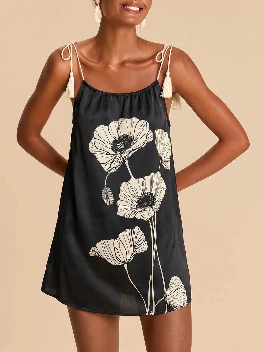 Vestido de Praia Feminino - Estampa de Palmeira e Detalhe de Nó