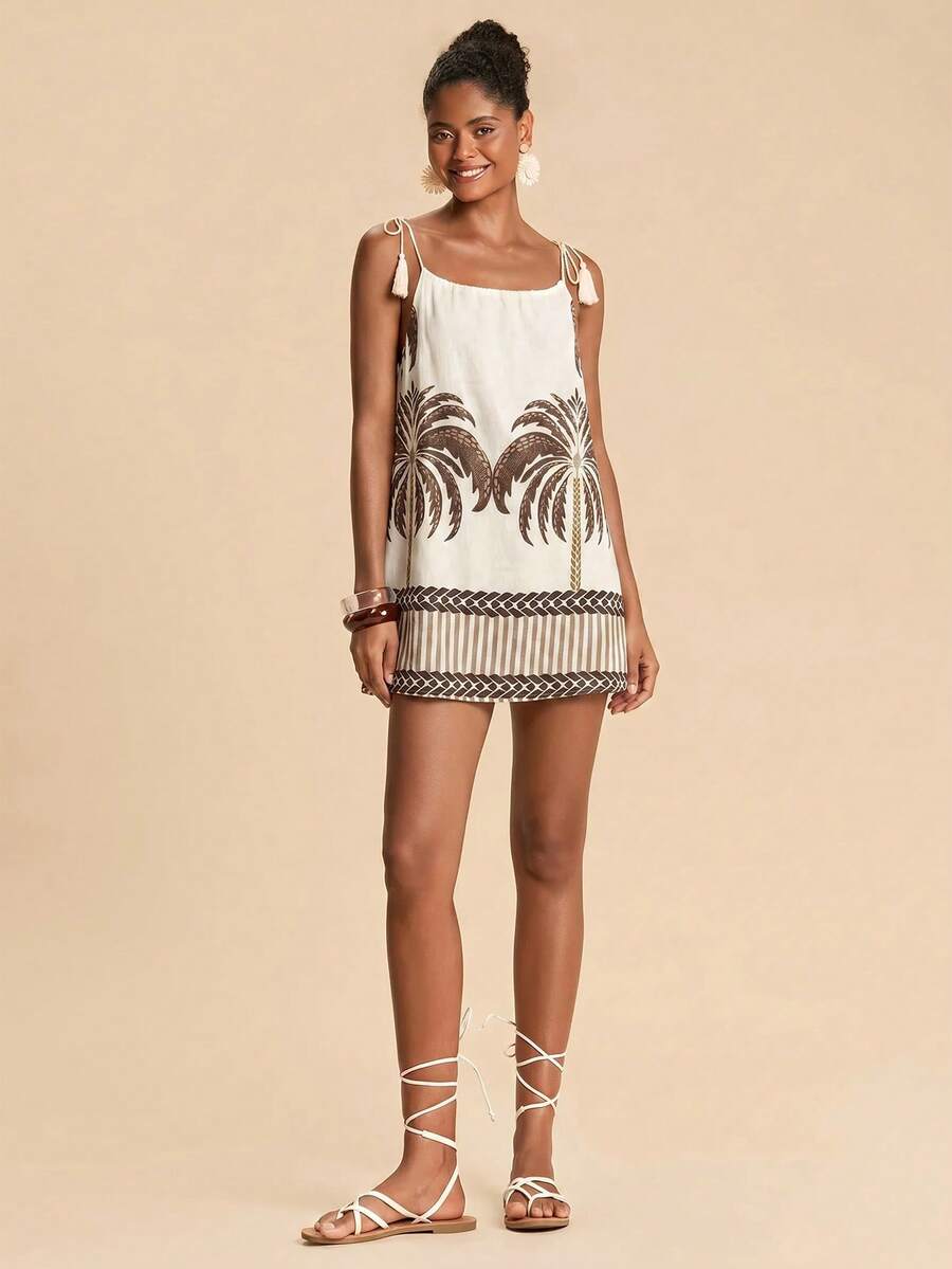 Vestido de Praia Feminino - Estampa de Palmeira e Detalhe de Nó