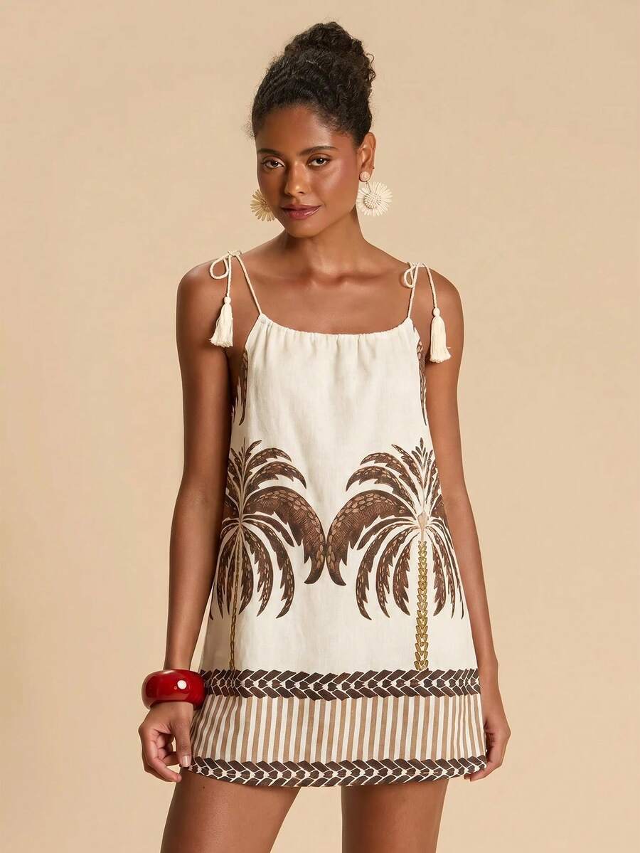 Vestido de Praia Feminino - Estampa de Palmeira e Detalhe de Nó