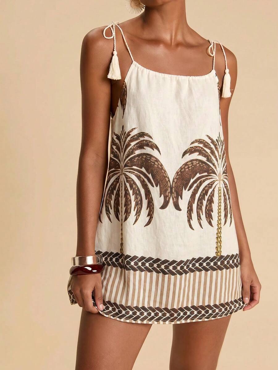 Vestido de Praia Feminino - Estampa de Palmeira e Detalhe de Nó