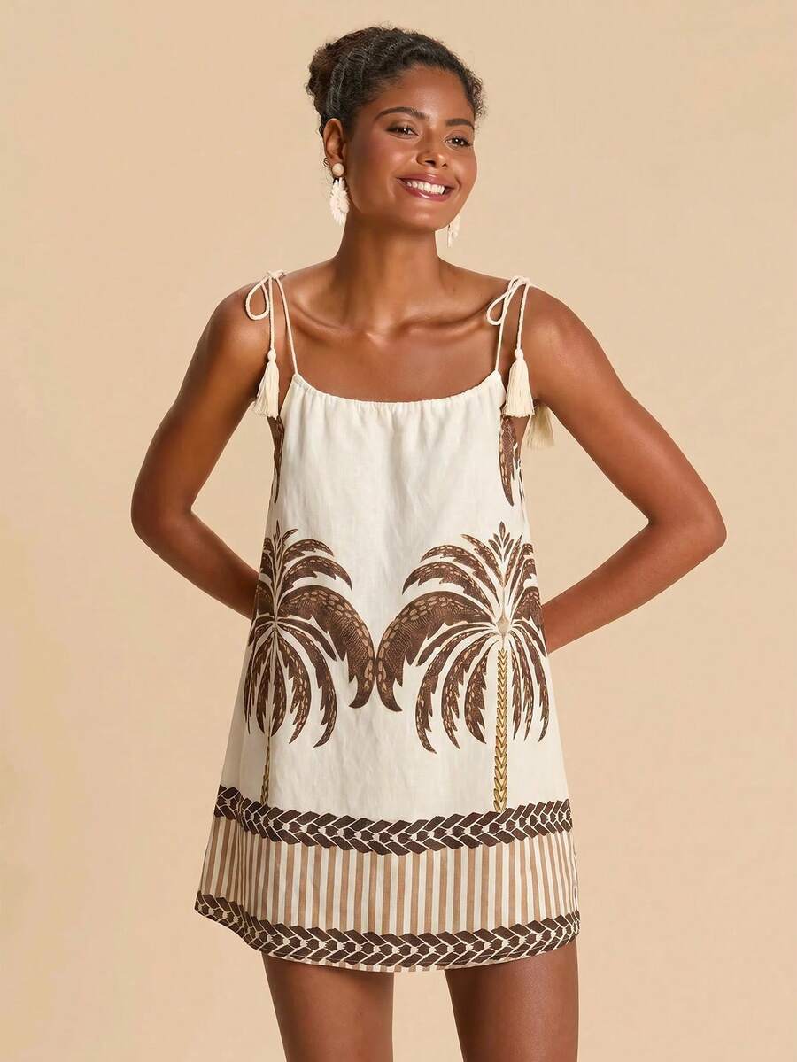 Vestido de Praia Feminino - Estampa de Palmeira e Detalhe de Nó