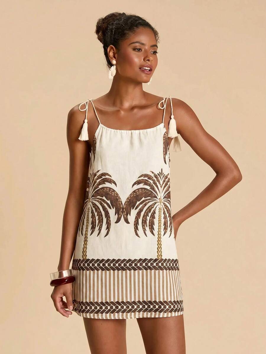 Vestido de Praia Feminino - Estampa de Palmeira e Detalhe de Nó