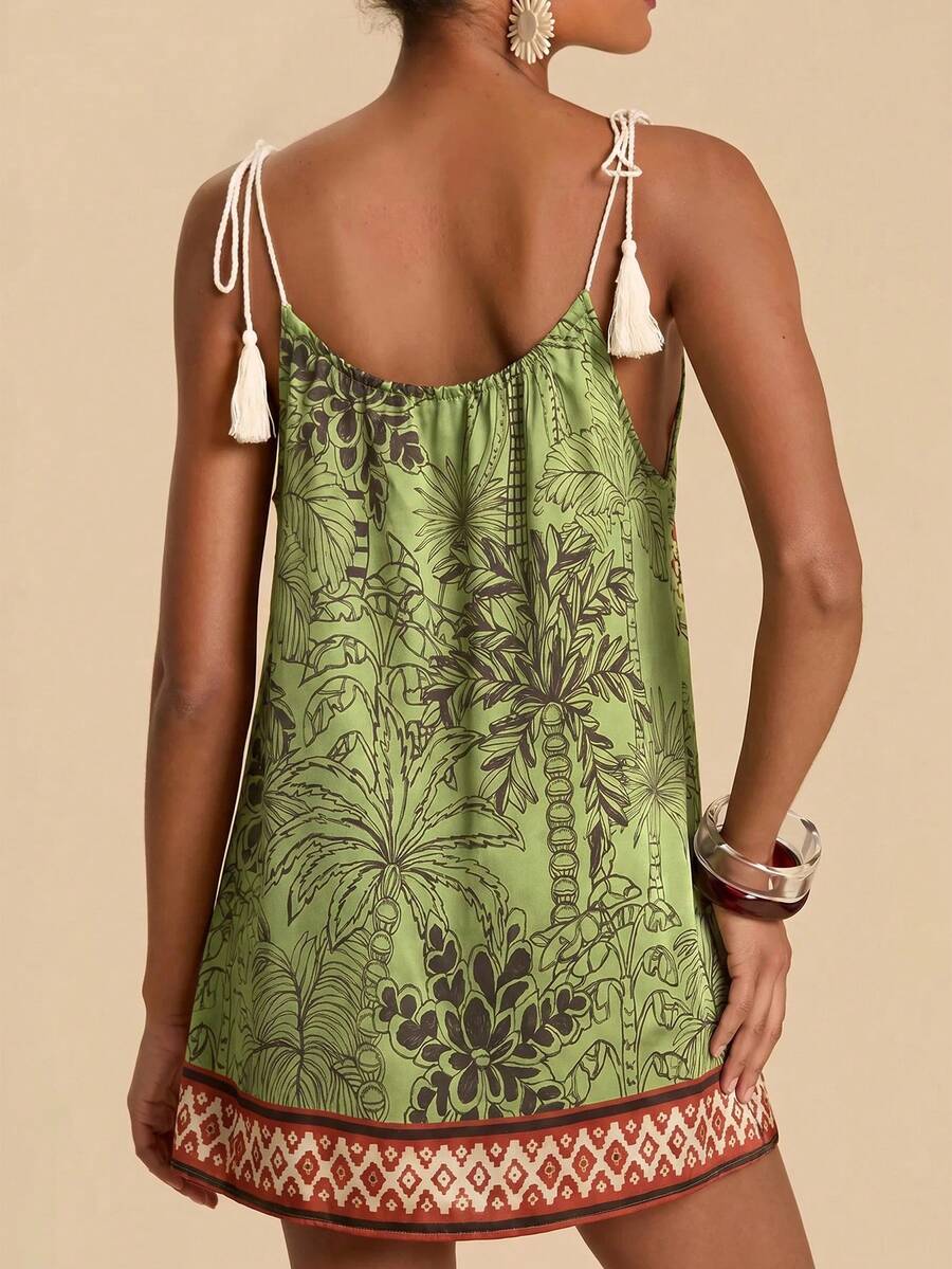 Vestido de Praia Feminino - Estampa de Palmeira e Detalhe de Nó