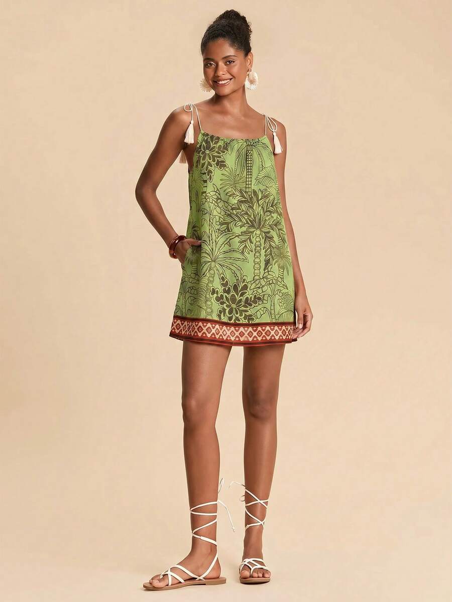 Vestido de Praia Feminino - Estampa de Palmeira e Detalhe de Nó