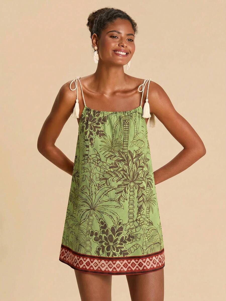 Vestido de Praia Feminino - Estampa de Palmeira e Detalhe de Nó