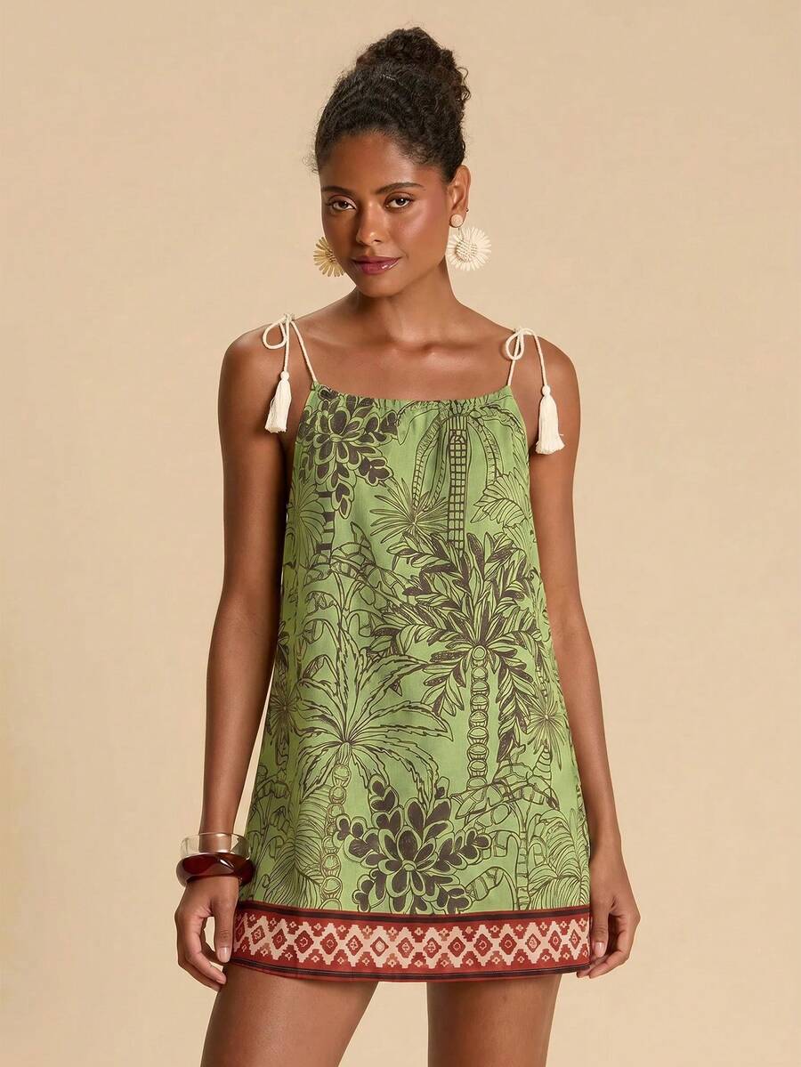 Vestido de Praia Feminino - Estampa de Palmeira e Detalhe de Nó