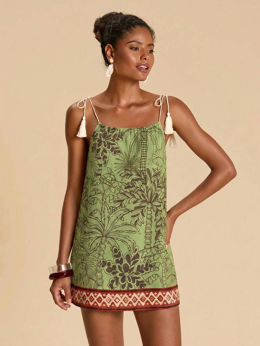 Vestido de Praia Feminino - Estampa de Palmeira e Detalhe de Nó