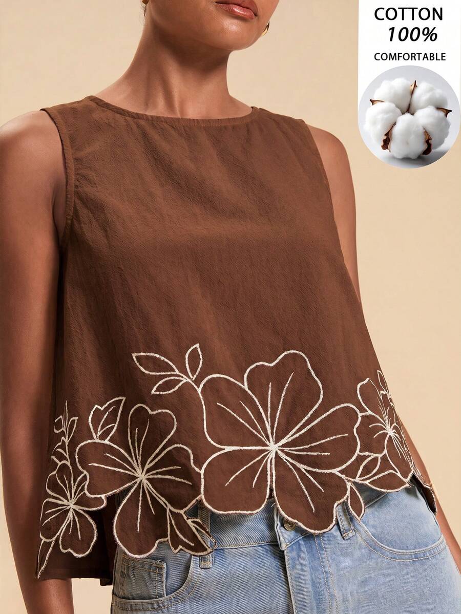 Blusa Feminina em Algodão com Bordado Floral Vazado – P ao GG - Cores Borgonha e Castanho
