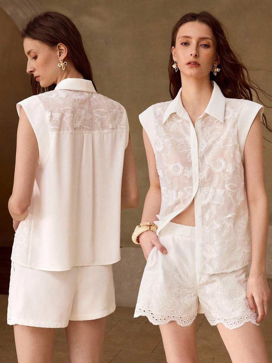 Conjunto Feminino Elegante Bordado com Camisa Sem Mangas e Shorts – Off White