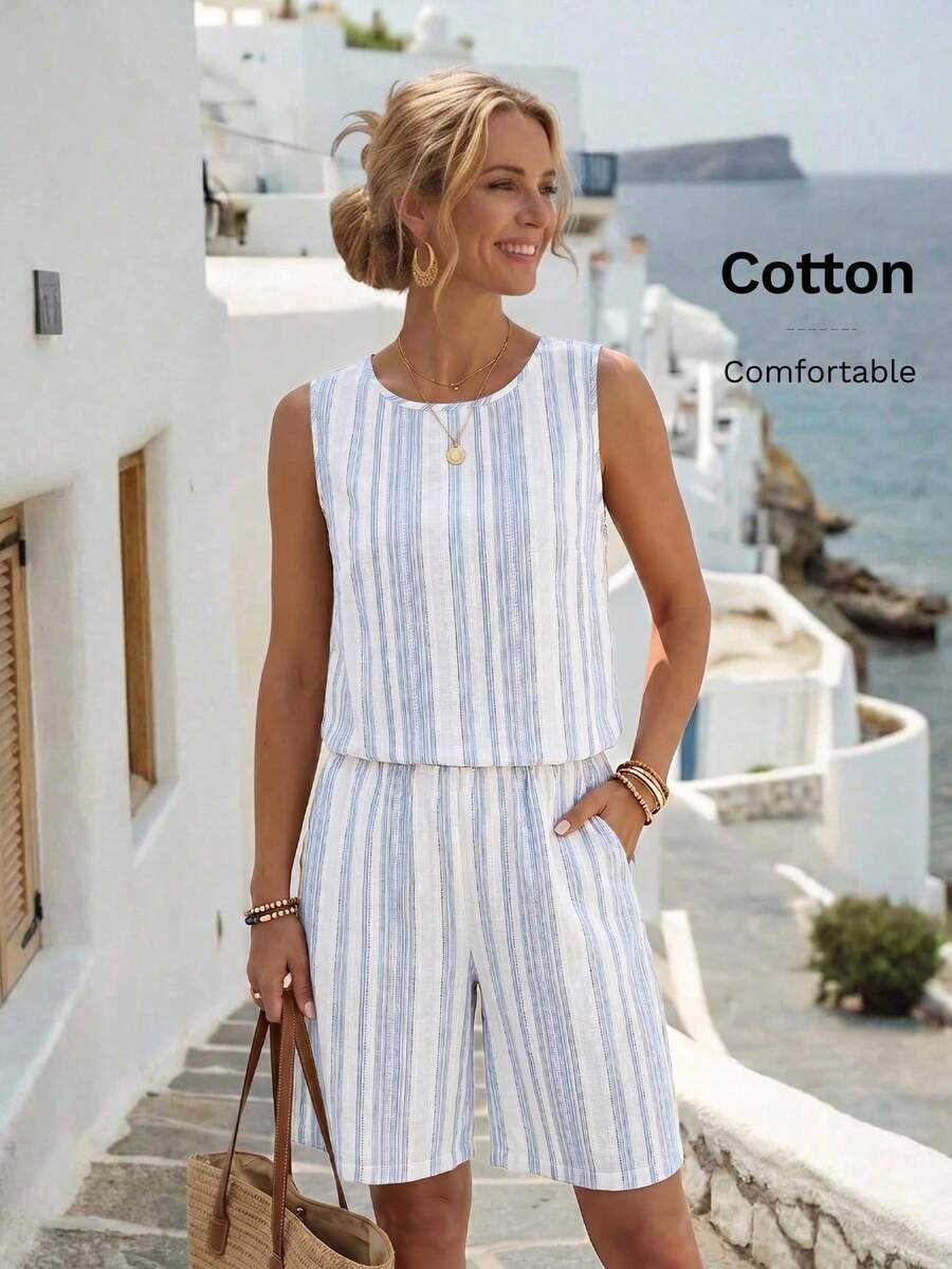 Conjunto Casual Feminino - Regata e Shorts Listrados