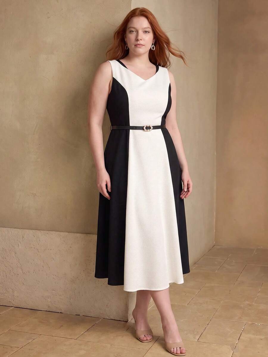Vestido Elegante Plus Size - Patchwork com Cinturão