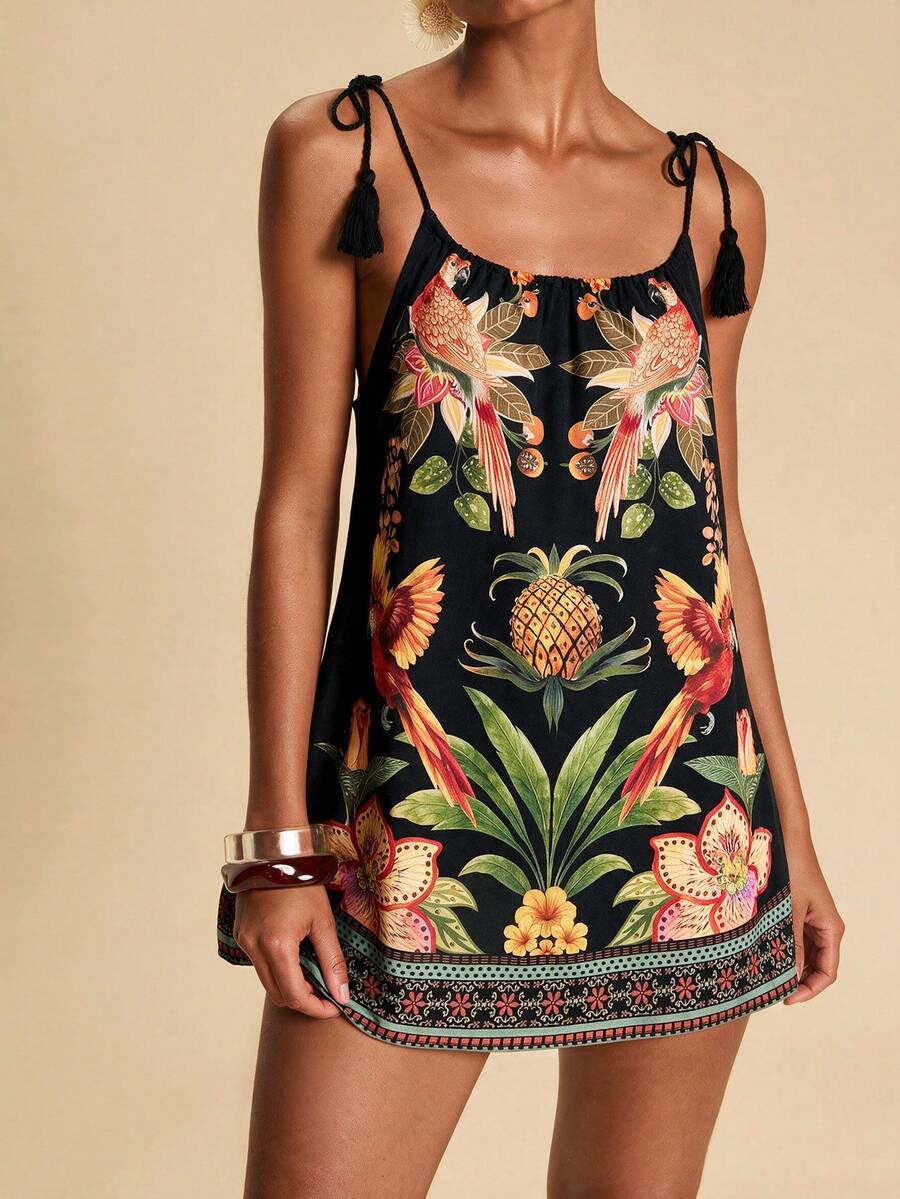Vestido de Praia Feminino - Estampa de Palmeira e Detalhe de Nó