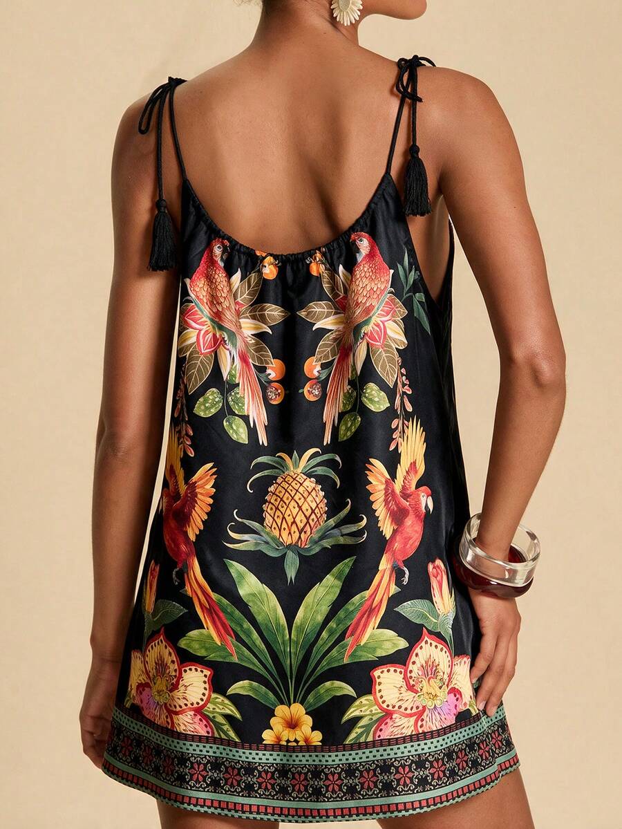 Vestido de Praia Feminino - Estampa de Palmeira e Detalhe de Nó