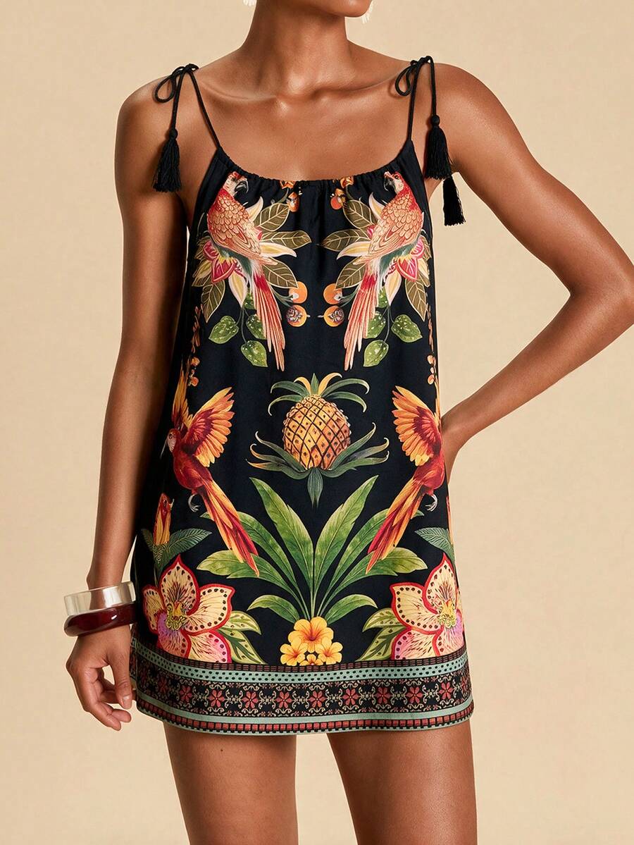 Vestido de Praia Feminino - Estampa de Palmeira e Detalhe de Nó