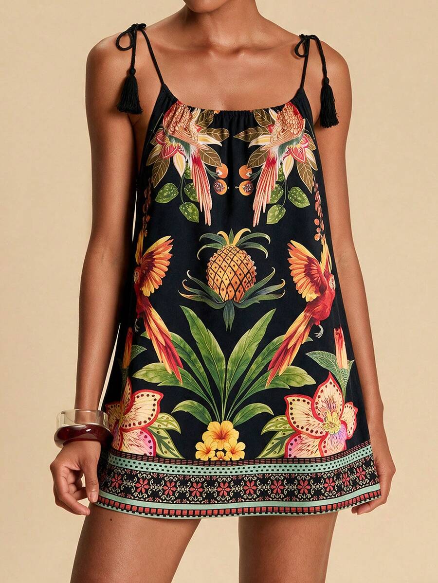 Vestido de Praia Feminino - Estampa de Palmeira e Detalhe de Nó
