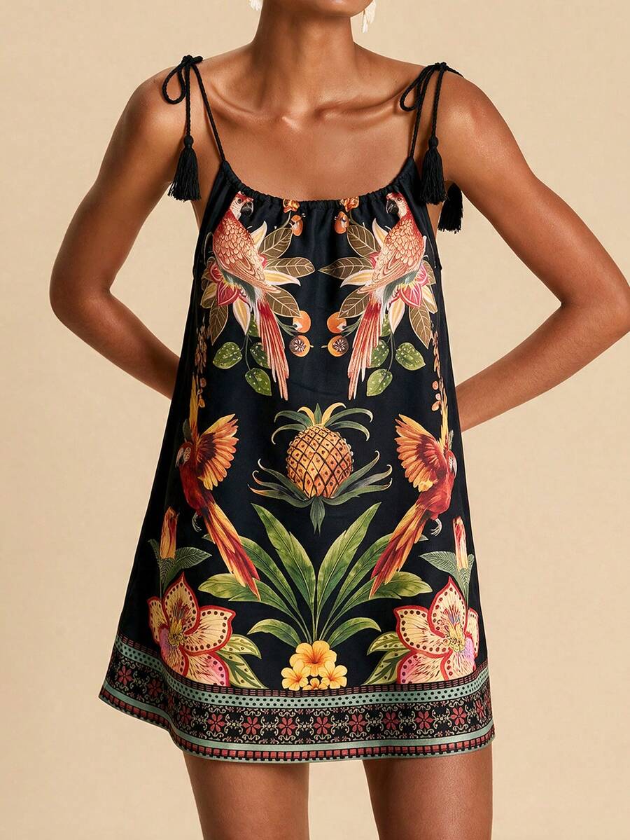 Vestido de Praia Feminino - Estampa de Palmeira e Detalhe de Nó