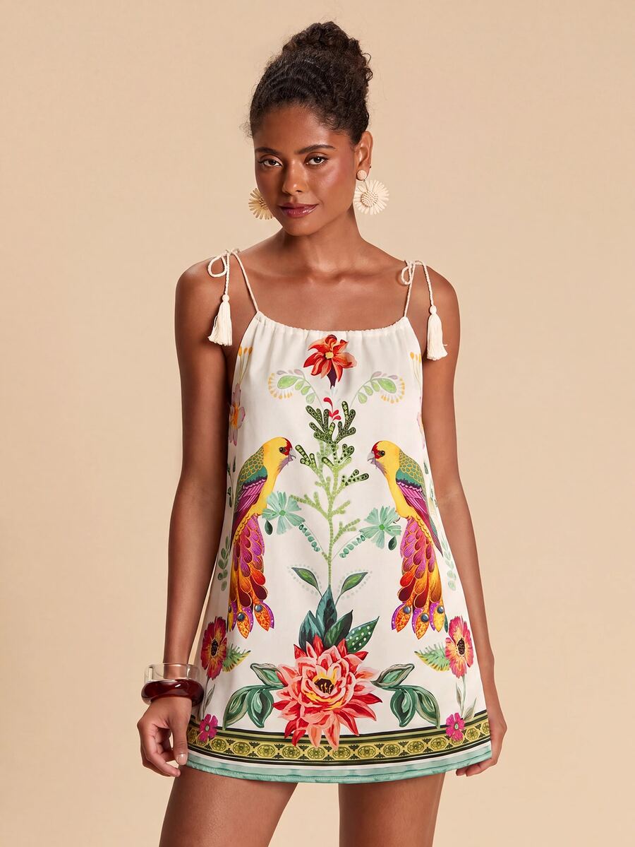 Vestido de Praia Feminino - Estampa de Palmeira e Detalhe de Nó