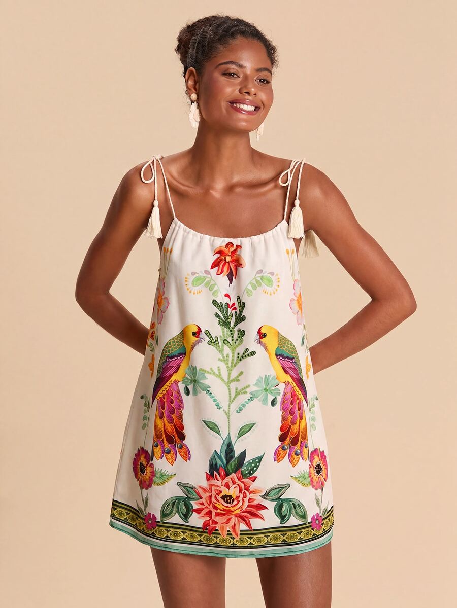 Vestido de Praia Feminino - Estampa de Palmeira e Detalhe de Nó