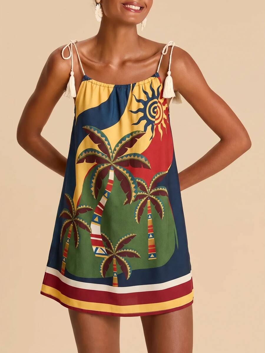 Vestido de Praia Feminino - Estampa de Palmeira e Detalhe de Nó