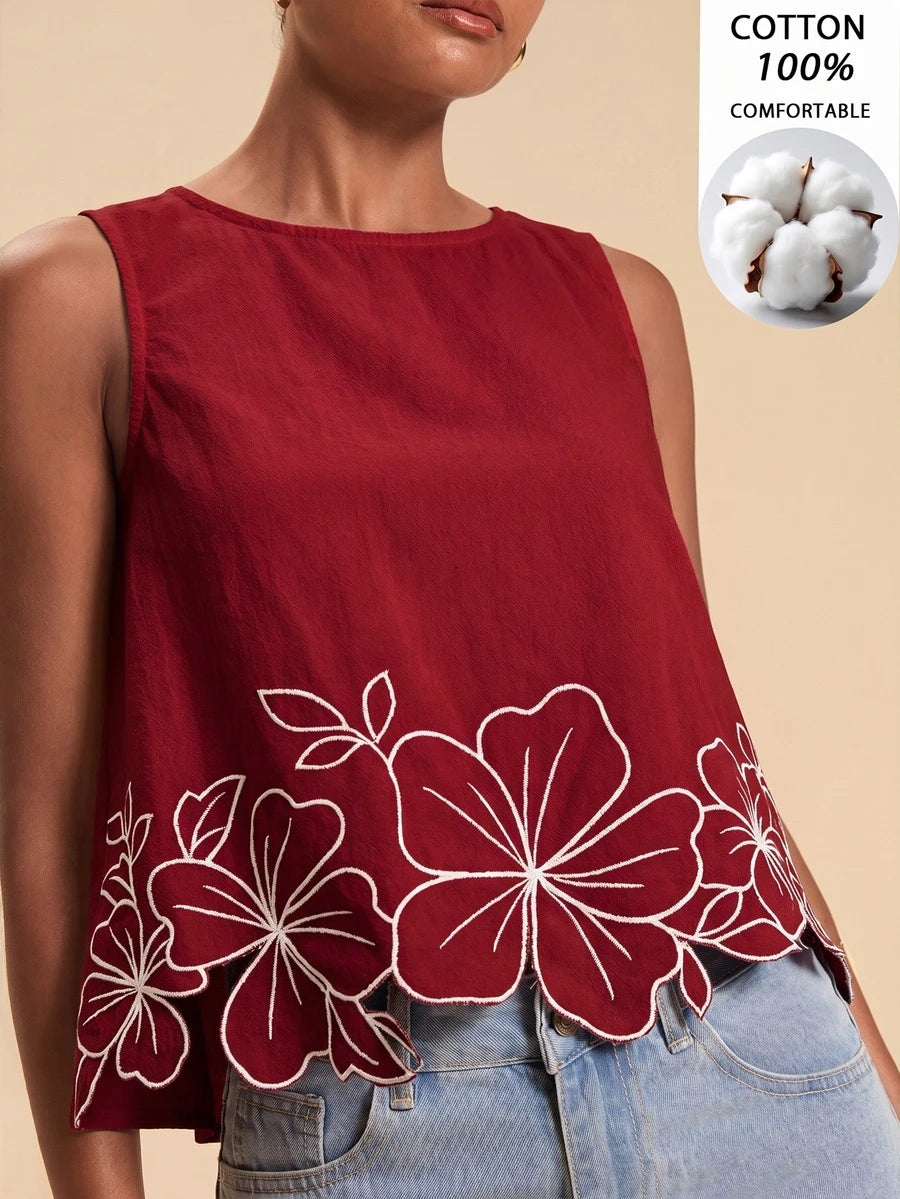 Blusa Feminina em Algodão com Bordado Floral Vazado – P ao GG - Cores Borgonha e Castanho