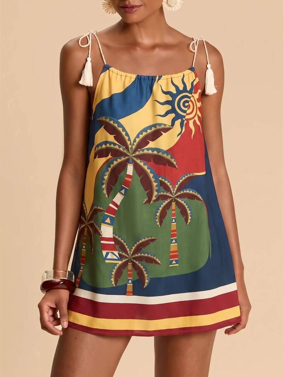 Vestido de Praia Feminino - Estampa de Palmeira e Detalhe de Nó