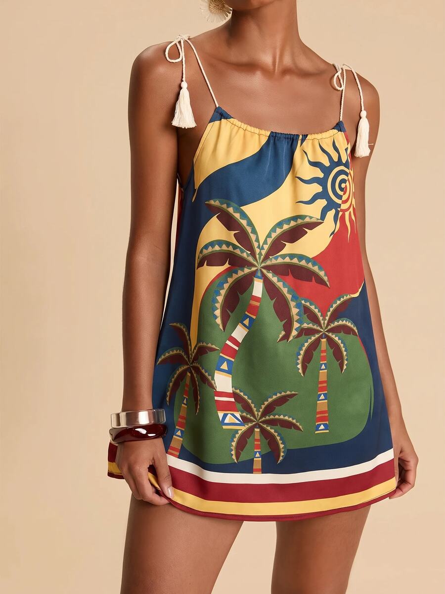 Vestido de Praia Feminino - Estampa de Palmeira e Detalhe de Nó