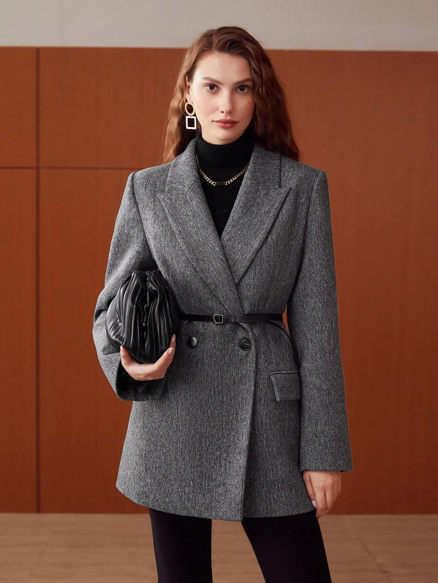Blazer feminino lã cinza alfaiataria acinturado elegante
