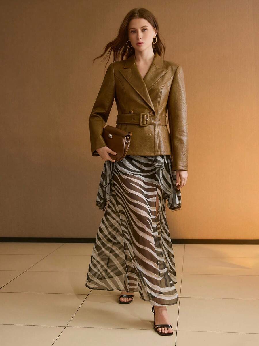 Blazer feminino couro pu marrom com cinto elegante moderno