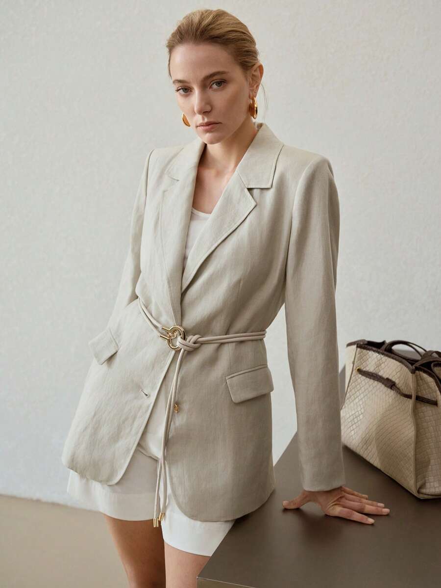 Blazer feminino linho bege com cinto alfaiataria leve elegante