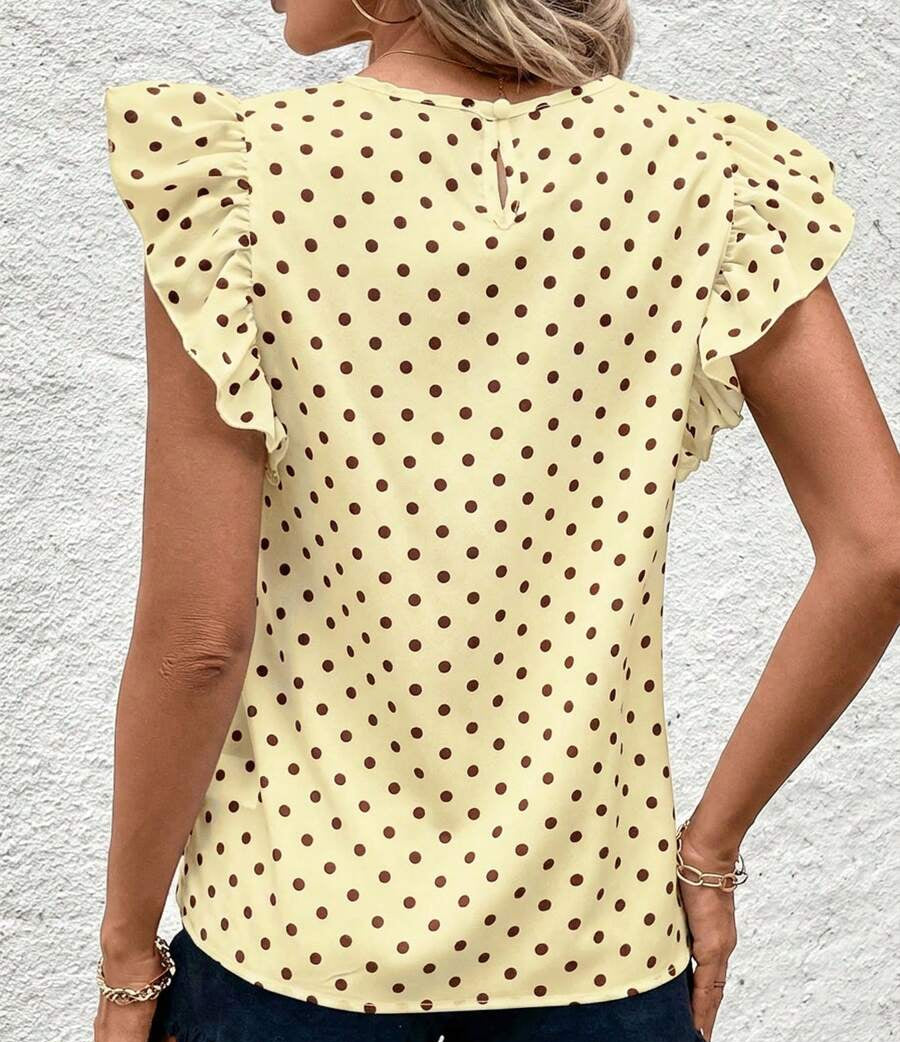 Blusa Baunilha Claro de bolinhas marrons com manga esvoaçante