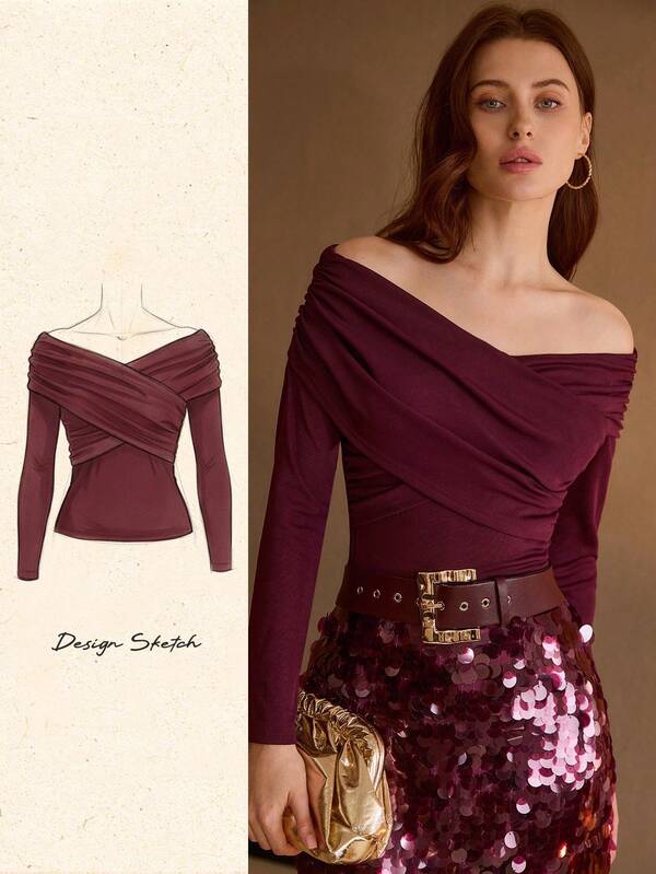 Blusa Feminina Ombro a Ombro Cruzada na Frente Slim Manga Longa Cor Preto Branco Claret Rose  Coleção Entre Estações - Boutique do Encanto 