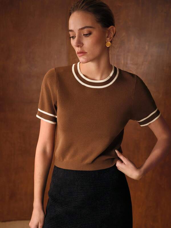 Blusa Feminina Tricot Castanho Verde Preto -Gola Redonda Malha Premium Eslasticidade Alta - Boutique do Encanto Blusas 