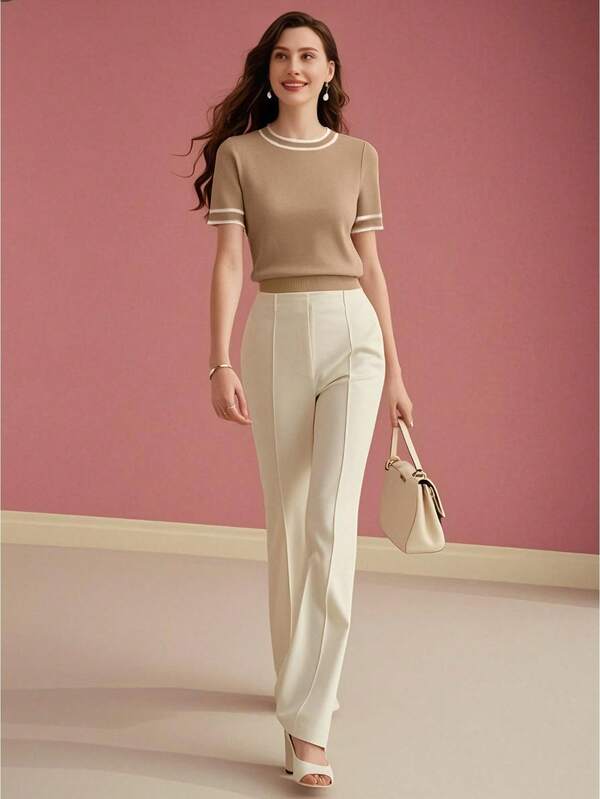 Blusa Feminina Tricot Verde Oliva Beige Azul Marinho -Gola Redonda Malha Premium Eslasticidade Alta - Boutique do Encanto Blusas