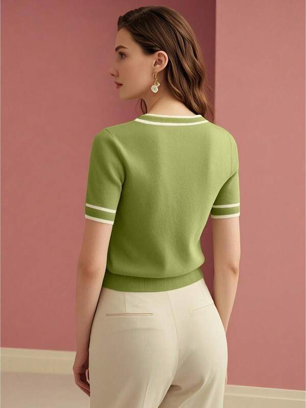 Blusa Feminina Tricot Verde Oliva Beige Azul Marinho -Gola Redonda Malha Premium Eslasticidade Alta - Boutique do Encanto Blusas