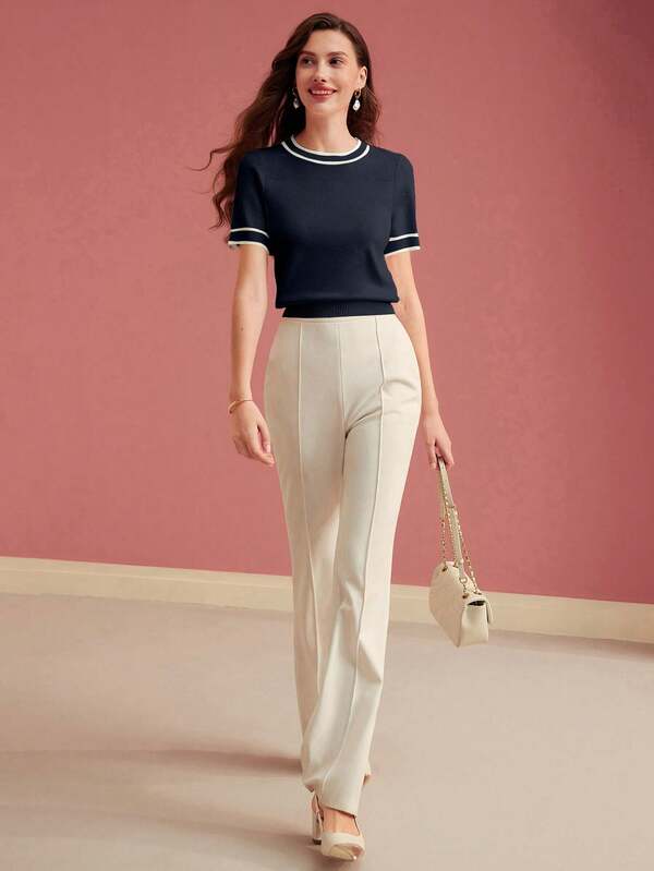 Blusa Feminina Tricot Verde Oliva Beige Azul Marinho -Gola Redonda Malha Premium Eslasticidade Alta - Boutique do Encanto Blusas