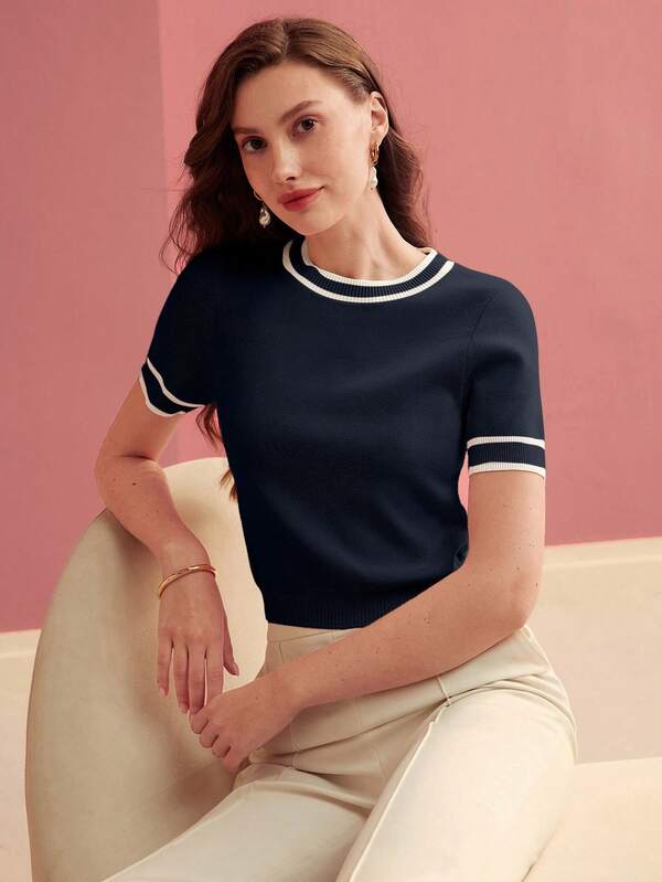 Blusa Feminina Tricot Verde Oliva Beige Azul Marinho -Gola Redonda Malha Premium Eslasticidade Alta - Boutique do Encanto Blusas